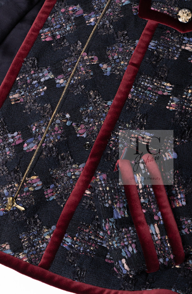 CHANEL 09PF Navy Velvet Satin Tweed Jacket Skirt Suit 40 42 シャネル ネイビー ベルベット サテン ジャケット スカート スーツ 即発