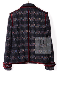 CHANEL 09PF Navy Velvet Satin Tweed Jacket Skirt Suit 40 42 シャネル ネイビー ベルベット サテン ジャケット スカート スーツ 即発