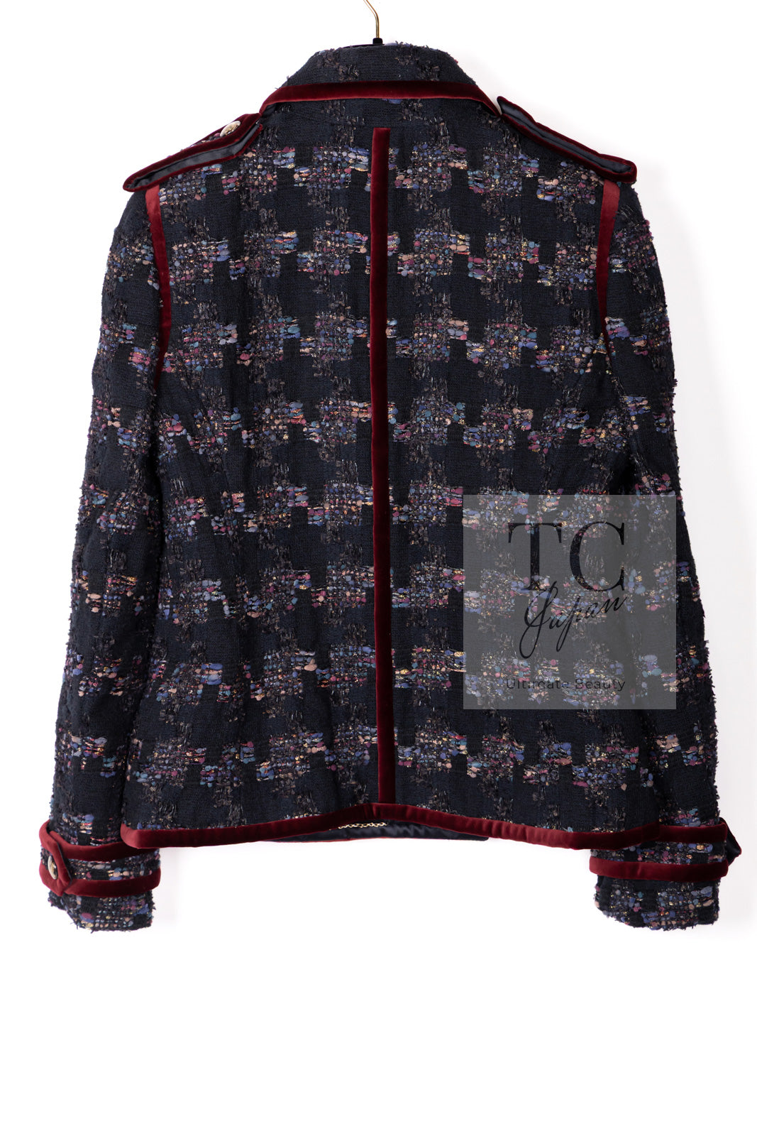 CHANEL 09PF Navy Velvet Satin Tweed Jacket Skirt Suit 40 42 シャネル ネイビー ベルベット サテン ジャケット スカート スーツ 即発