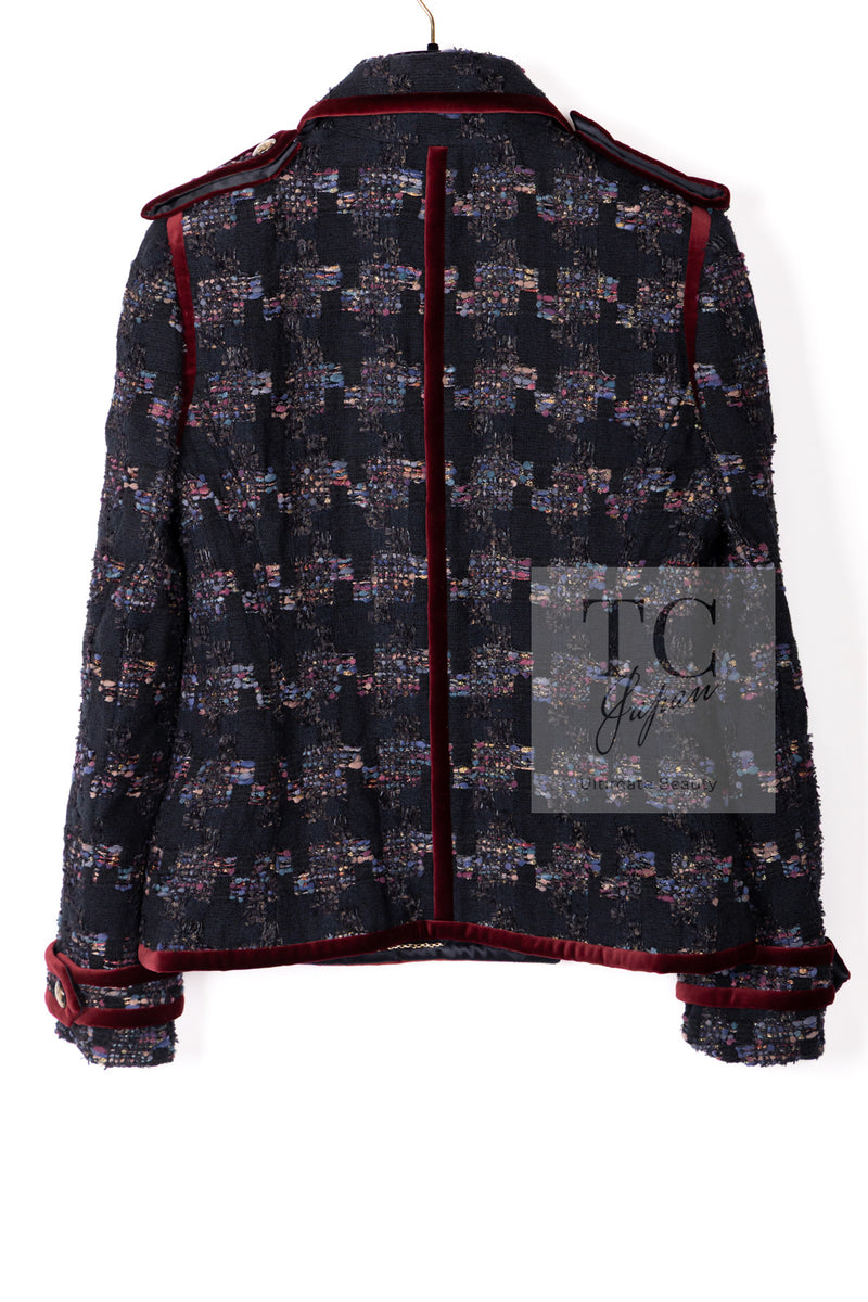 CHANEL 09PF Navy Velvet Satin Tweed Jacket Skirt Suit 40 42 シャネル ネイビー ベルベット サテン ジャケット スカート スーツ 即発