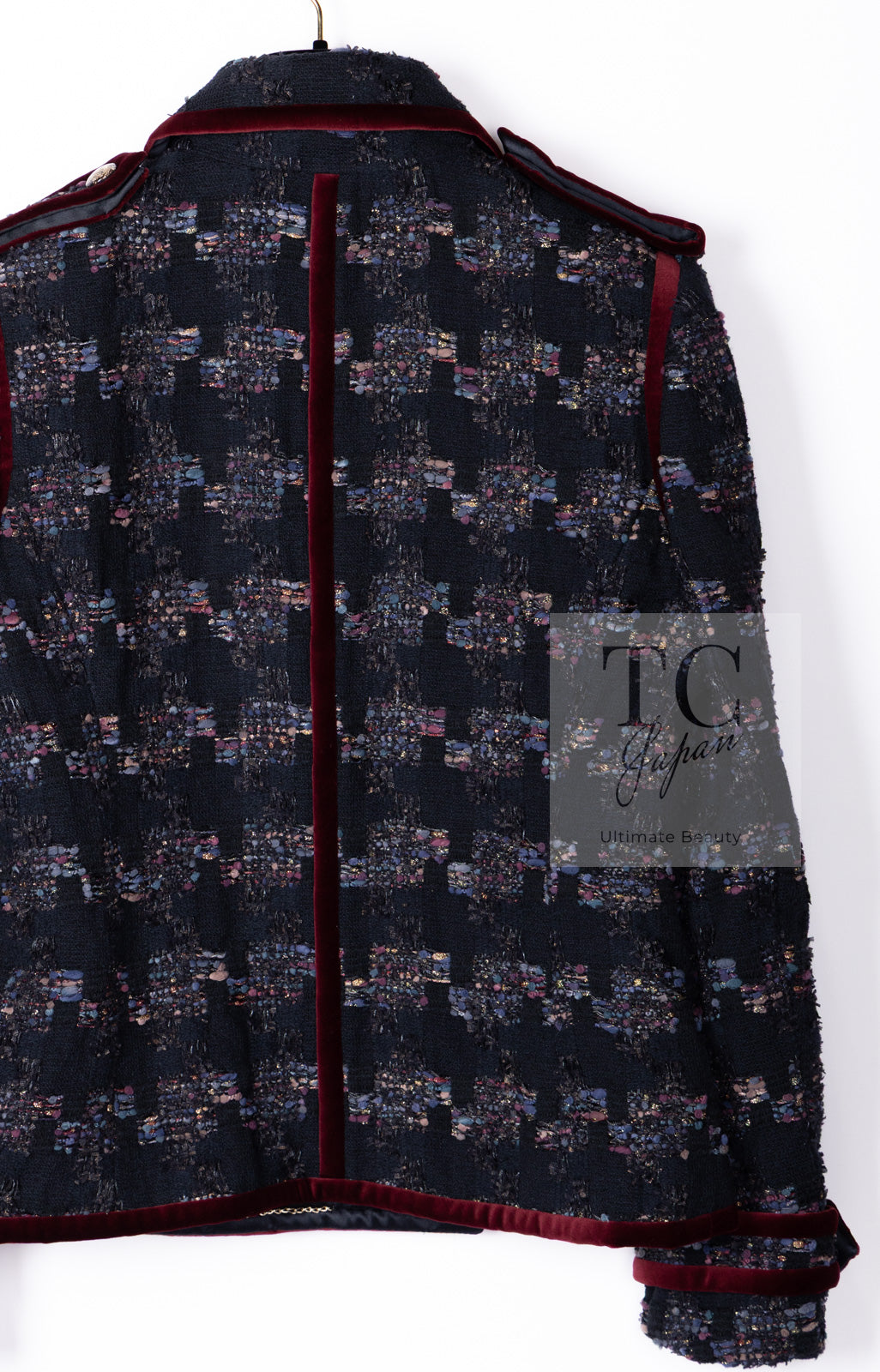 CHANEL 09PF Navy Velvet Satin Tweed Jacket Skirt Suit 40 42 シャネル ネイビー ベルベット サテン ジャケット スカート スーツ 即発