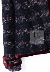 CHANEL 09PF Navy Velvet Satin Tweed Jacket Skirt Suit 40 42 シャネル ネイビー ベルベット サテン ジャケット スカート スーツ 即発