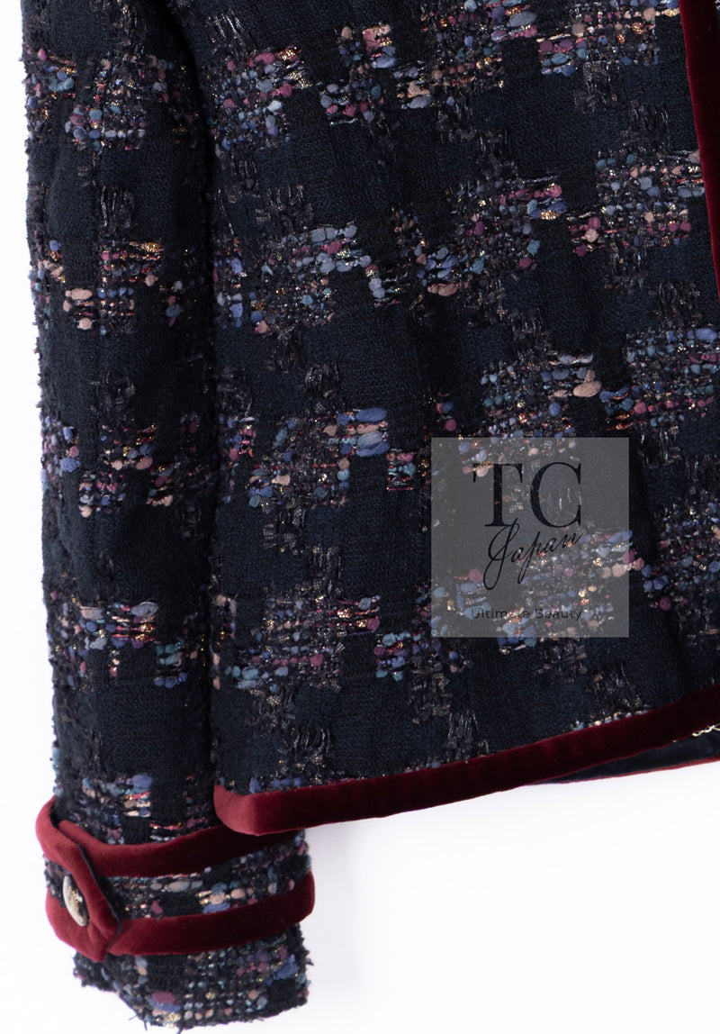 CHANEL 09PF Navy Velvet Satin Tweed Jacket Skirt Suit 40 42 シャネル ネイビー ベルベット サテン ジャケット スカート スーツ 即発