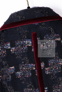 CHANEL 09PF Navy Velvet Satin Tweed Jacket Skirt Suit 40 42 シャネル ネイビー ベルベット サテン ジャケット スカート スーツ 即発