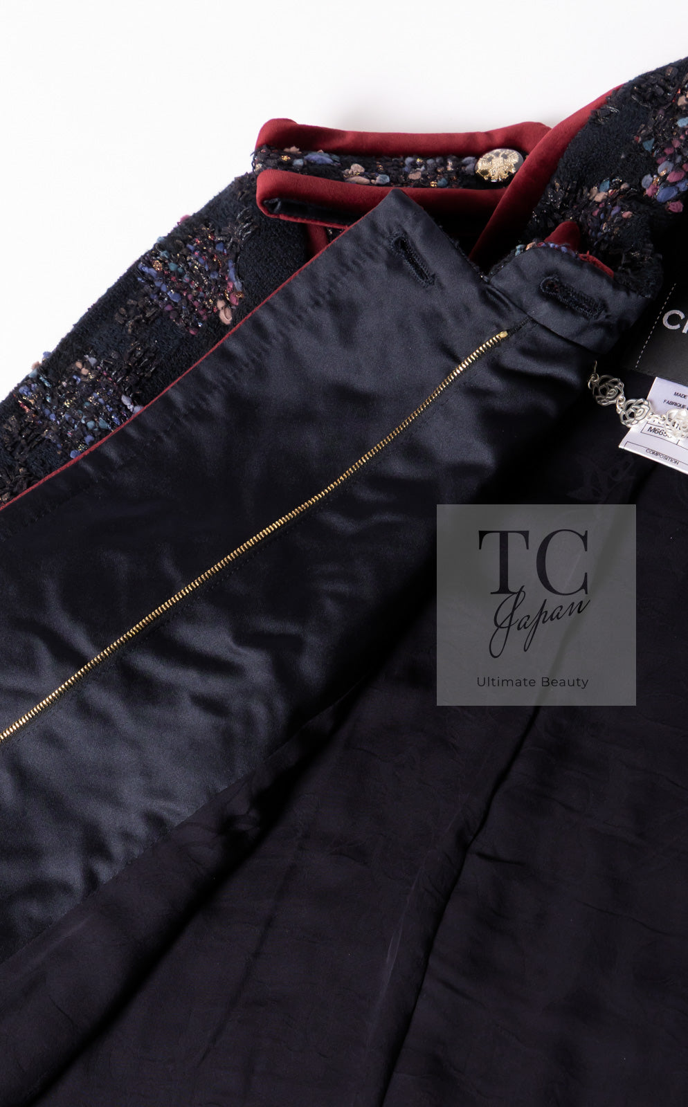 CHANEL 09PF Navy Velvet Satin Tweed Jacket Skirt Suit 40 42 シャネル ネイビー ベルベット サテン ジャケット スカート スーツ 即発