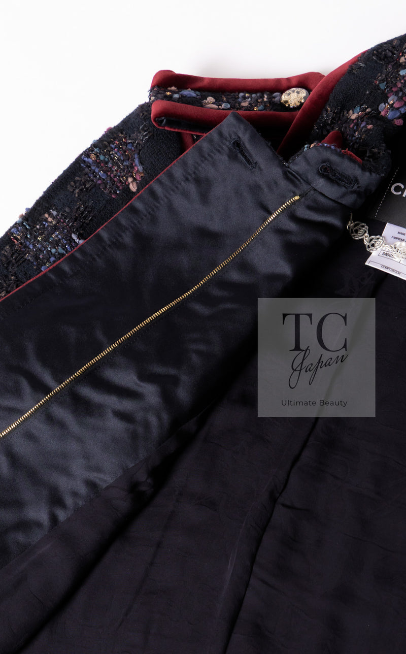 CHANEL 09PF Navy Velvet Satin Tweed Jacket Skirt Suit 40 42 シャネル ネイビー ベルベット サテン ジャケット スカート スーツ 即発