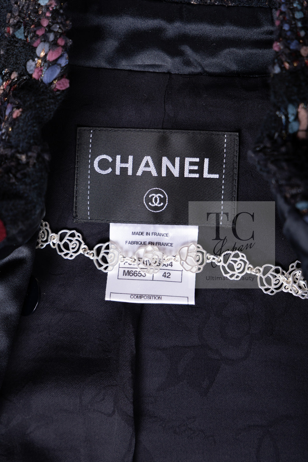 CHANEL 09PF Navy Velvet Satin Tweed Jacket Skirt Suit 40 42 シャネル ネイビー ベルベット サテン ジャケット スカート スーツ 即発
