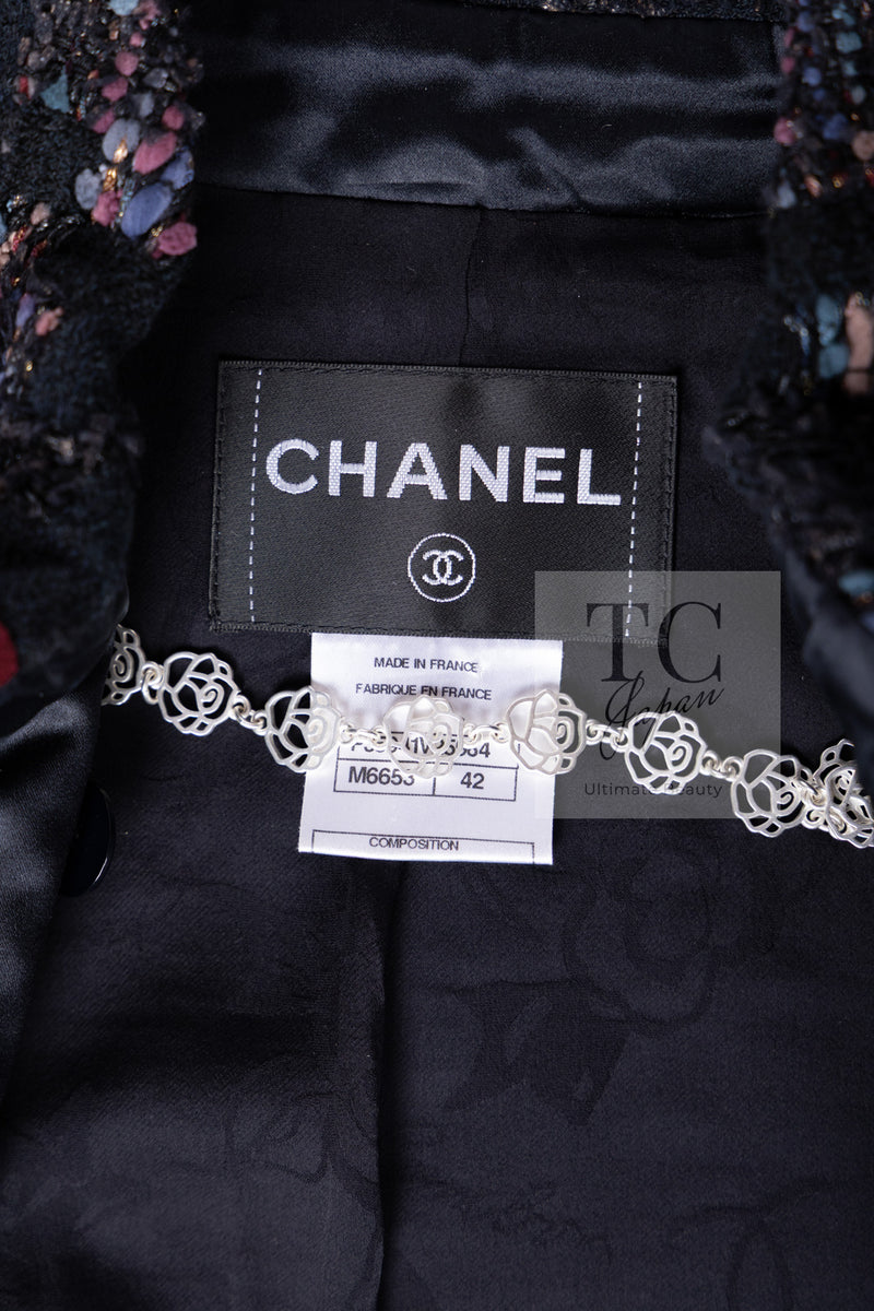 CHANEL 09PF Navy Velvet Satin Tweed Jacket Skirt Suit 40 42 シャネル ネイビー ベルベット サテン ジャケット スカート スーツ 即発