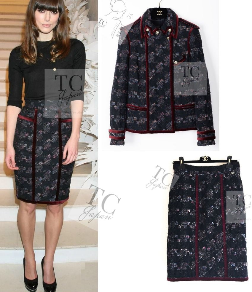 CHANEL 09PF Navy Velvet Satin Tweed Jacket Skirt Suit 40 42 シャネル ネイビー ベルベット サテン ジャケット スカート スーツ 即発