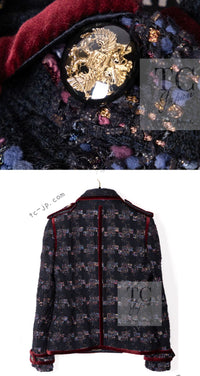 CHANEL 09PF Navy Velvet Satin Tweed Jacket Skirt Suit 40 42 シャネル ネイビー ベルベット サテン ジャケット スカート スーツ 即発
