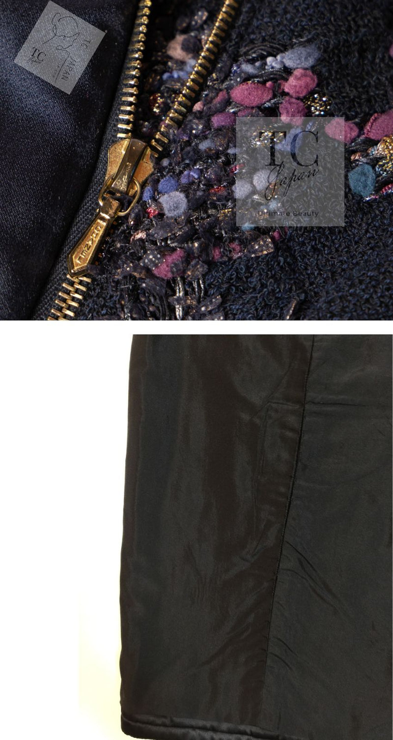 CHANEL 09PF Navy Velvet Satin Tweed Jacket Skirt Suit 40 42 シャネル ネイビー ベルベット サテン ジャケット スカート スーツ 即発