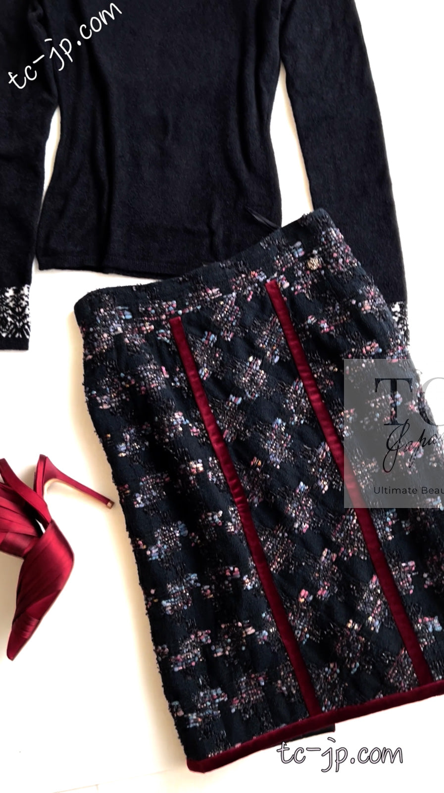 CHANEL 09PF Navy Velvet Satin Tweed Jacket Skirt Suit 40 42 シャネル ネイビー ベルベット サテン ジャケット スカート スーツ 即発