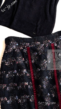 CHANEL 09PF Navy Velvet Satin Tweed Jacket Skirt Suit 40 42 シャネル ネイビー ベルベット サテン ジャケット スカート スーツ 即発