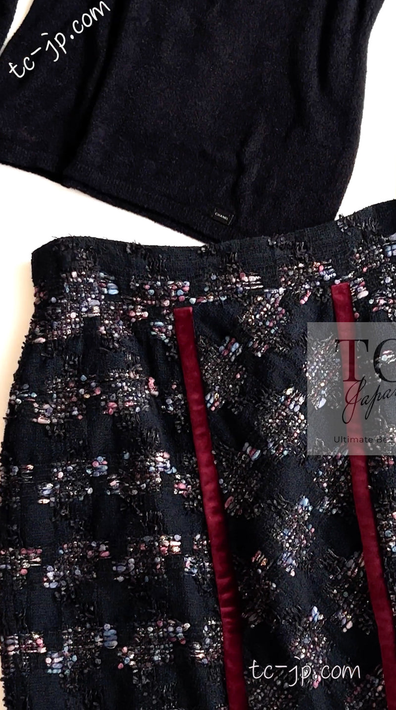 CHANEL 09PF Navy Velvet Satin Tweed Jacket Skirt Suit 40 42 シャネル ネイビー ベルベット サテン ジャケット スカート スーツ 即発