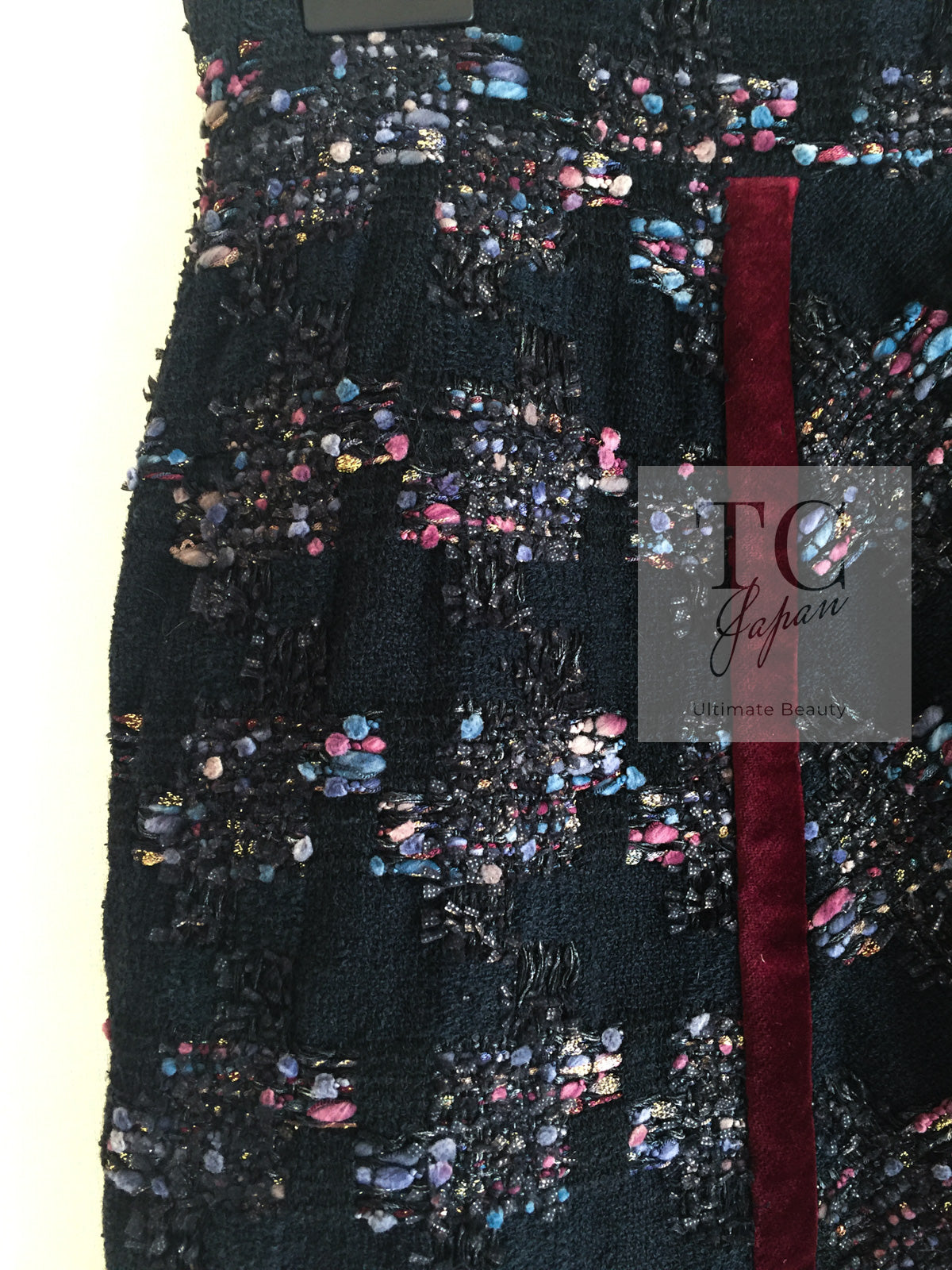 CHANEL 09PF Navy Velvet Satin Tweed Jacket Skirt Suit 40 42 シャネル ネイビー ベルベット サテン ジャケット スカート スーツ 即発