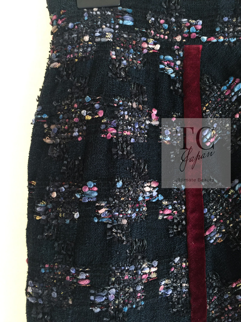 CHANEL 09PF Navy Velvet Satin Tweed Jacket Skirt Suit 40 42 シャネル ネイビー ベルベット サテン ジャケット スカート スーツ 即発