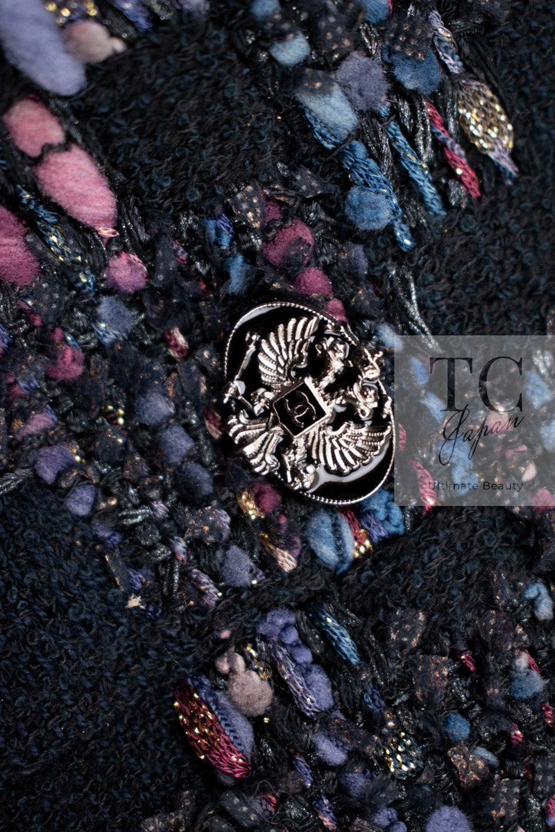 CHANEL 09PF Navy Velvet Satin Tweed Jacket Skirt Suit 40 42 シャネル ネイビー ベルベット サテン ジャケット スカート スーツ 即発