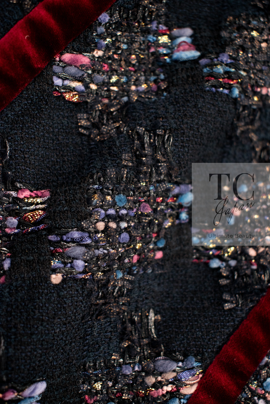 CHANEL 09PF Navy Velvet Satin Tweed Jacket Skirt Suit 40 42 シャネル ネイビー ベルベット サテン ジャケット スカート スーツ 即発