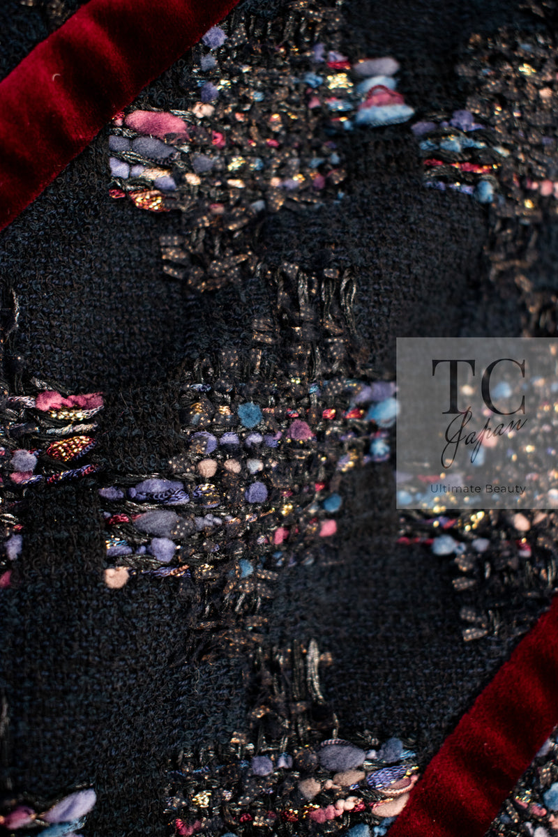 CHANEL 09PF Navy Velvet Satin Tweed Jacket Skirt Suit 40 42 シャネル ネイビー ベルベット サテン ジャケット スカート スーツ 即発