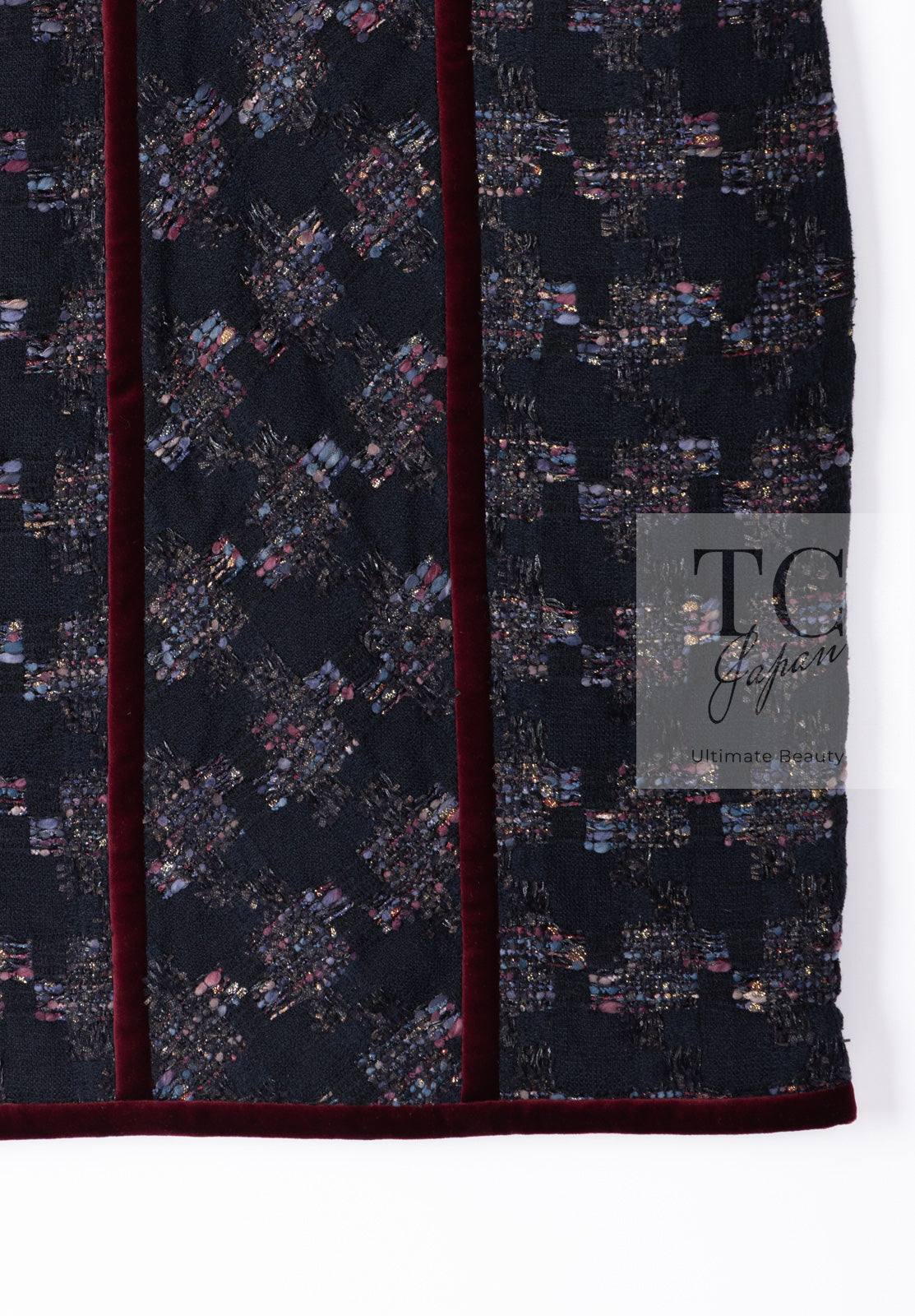 CHANEL 09PF Navy Velvet Satin Tweed Jacket Skirt Suit 40 42 シャネル ネイビー ベルベット サテン ジャケット スカート スーツ 即発