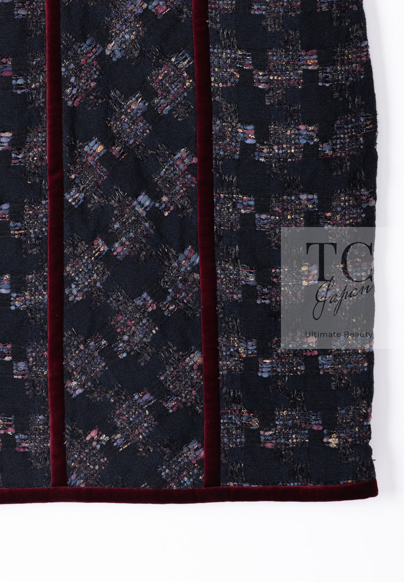 CHANEL 09PF Navy Velvet Satin Tweed Jacket Skirt Suit 40 42 シャネル ネイビー ベルベット サテン ジャケット スカート スーツ 即発