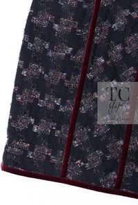 CHANEL 09PF Navy Velvet Satin Tweed Jacket Skirt Suit 40 42 シャネル ネイビー ベルベット サテン ジャケット スカート スーツ 即発