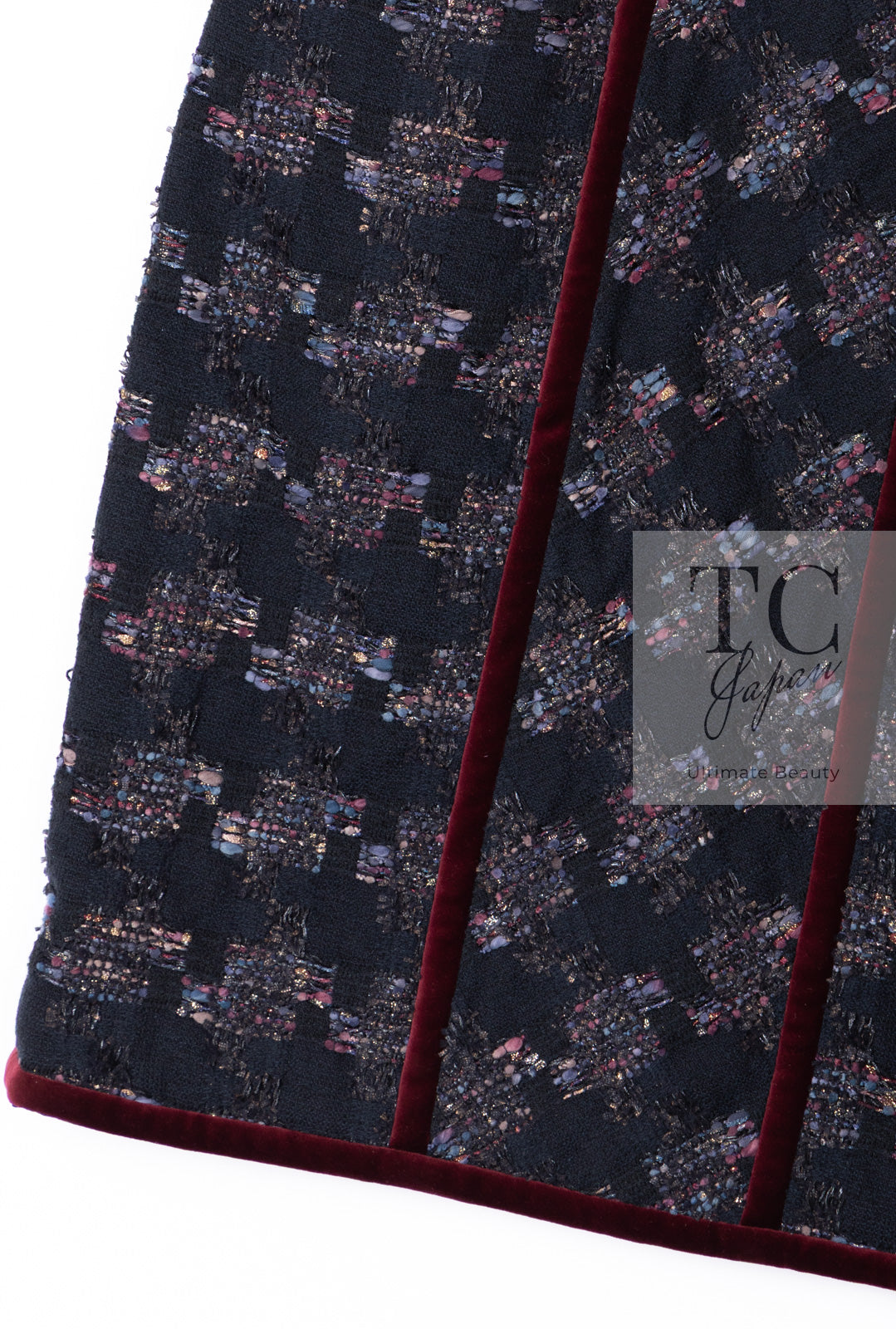 CHANEL 09PF Navy Velvet Satin Tweed Jacket Skirt Suit 40 42 シャネル ネイビー ベルベット サテン ジャケット スカート スーツ 即発