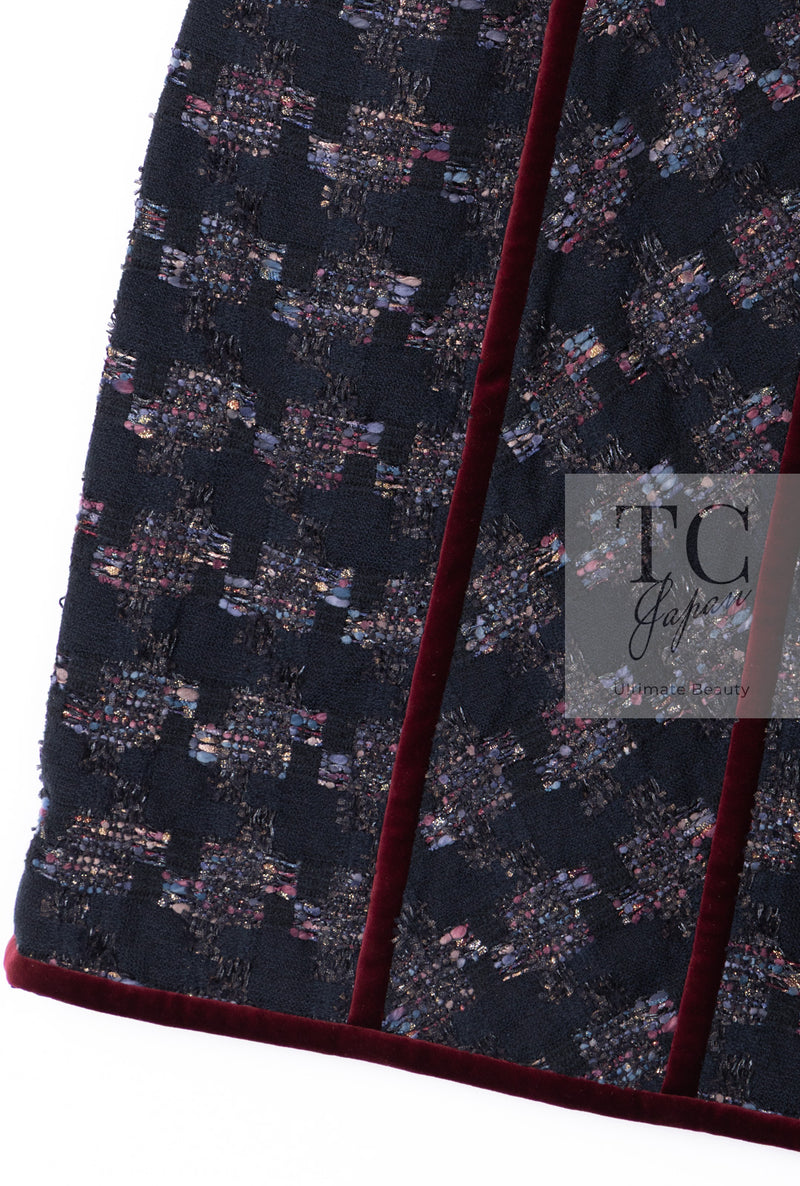 CHANEL 09PF Navy Velvet Satin Tweed Jacket Skirt Suit 40 42 シャネル ネイビー ベルベット サテン ジャケット スカート スーツ 即発