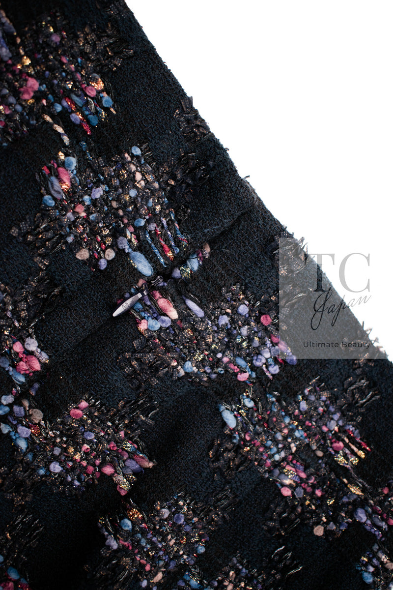 CHANEL 09PF Navy Velvet Satin Tweed Jacket Skirt Suit 40 42 シャネル ネイビー ベルベット サテン ジャケット スカート スーツ 即発