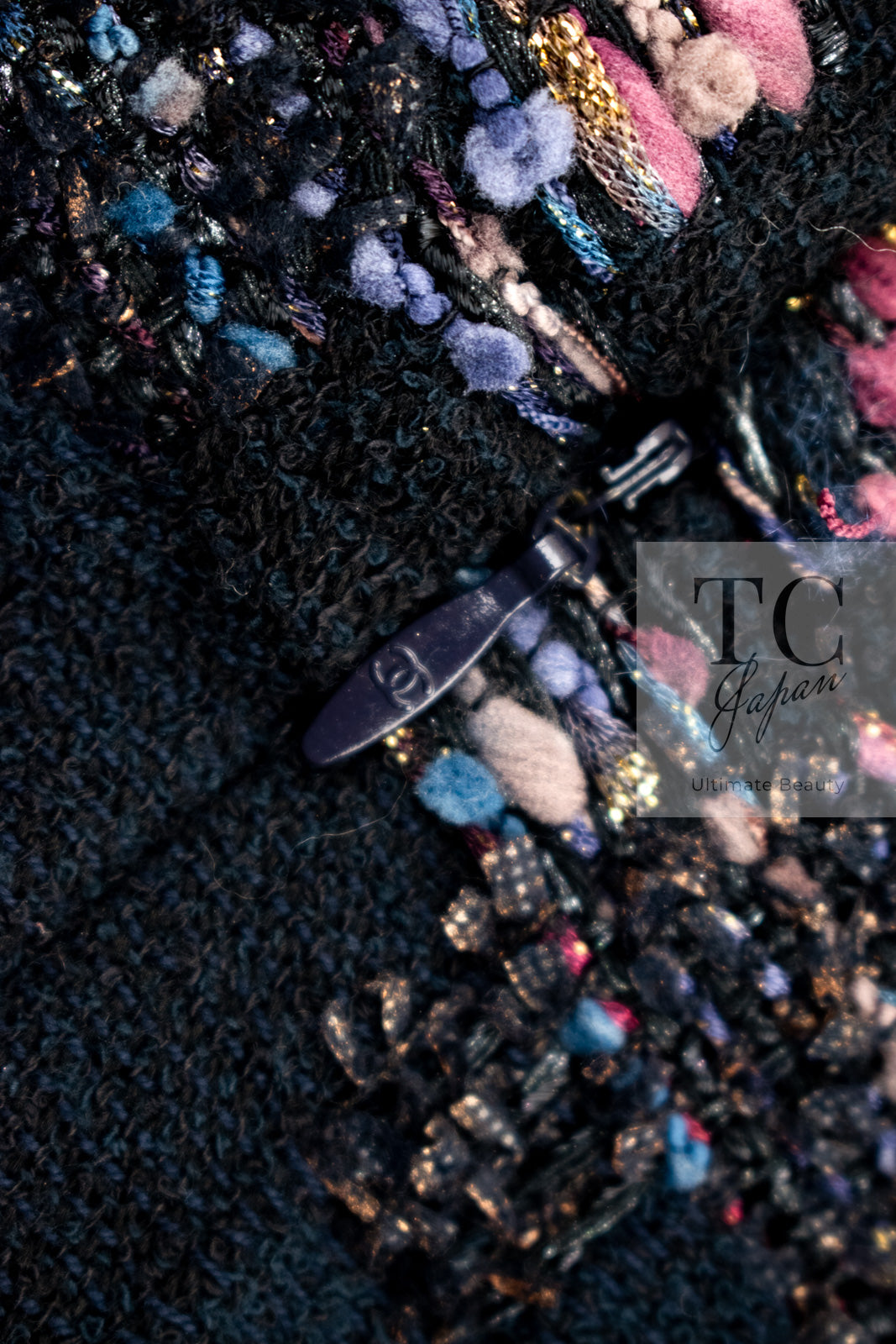 CHANEL 09PF Navy Velvet Satin Tweed Jacket Skirt Suit 40 42 シャネル ネイビー ベルベット サテン ジャケット スカート スーツ 即発