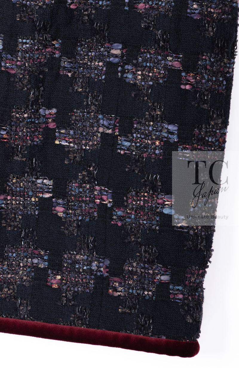 CHANEL 09PF Navy Velvet Satin Tweed Jacket Skirt Suit 40 42 シャネル ネイビー ベルベット サテン ジャケット スカート スーツ 即発