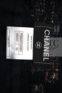 CHANEL 09PF Navy Velvet Satin Tweed Jacket Skirt Suit 40 42 シャネル ネイビー ベルベット サテン ジャケット スカート スーツ 即発