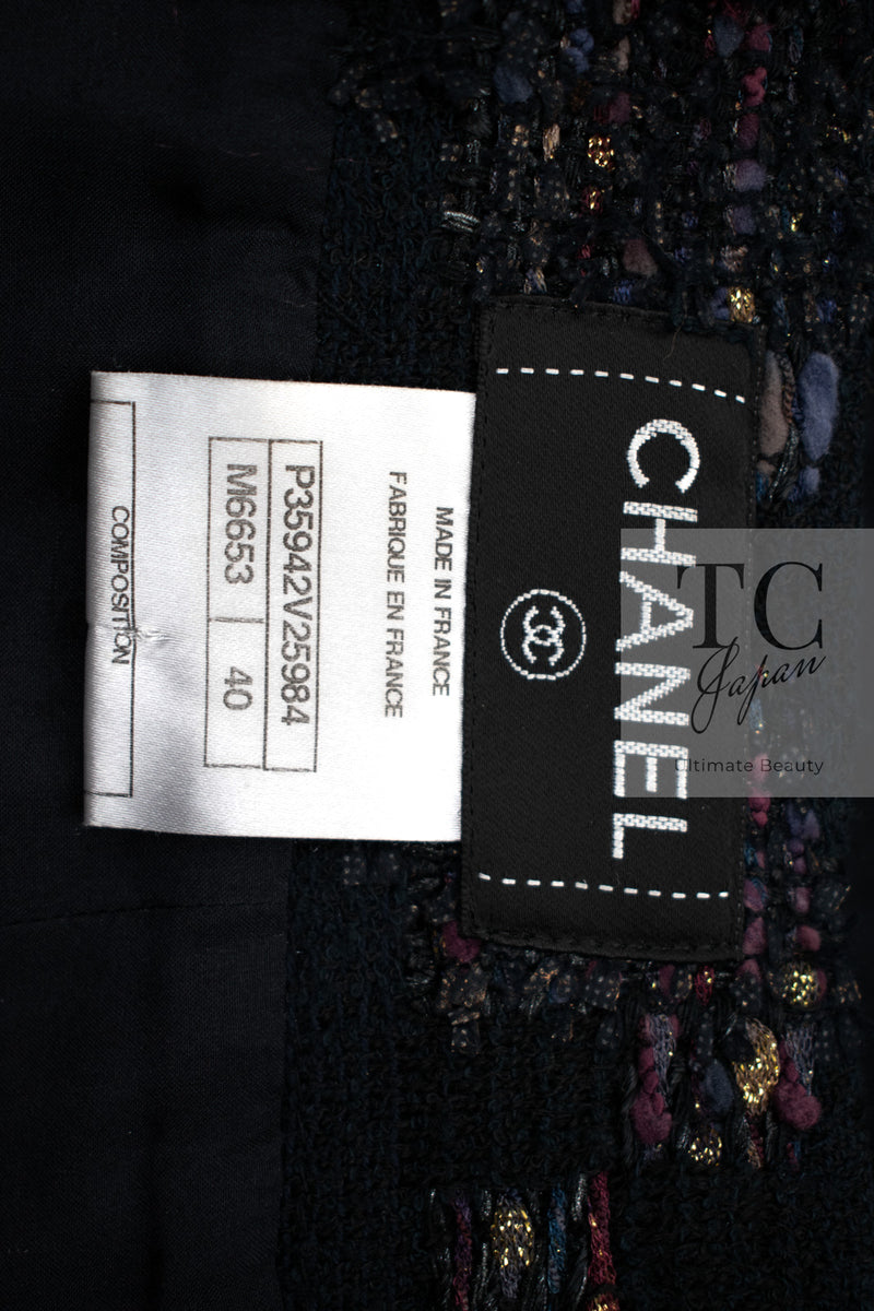 CHANEL 09PF Navy Velvet Satin Tweed Jacket Skirt Suit 40 42 シャネル ネイビー ベルベット サテン ジャケット スカート スーツ 即発