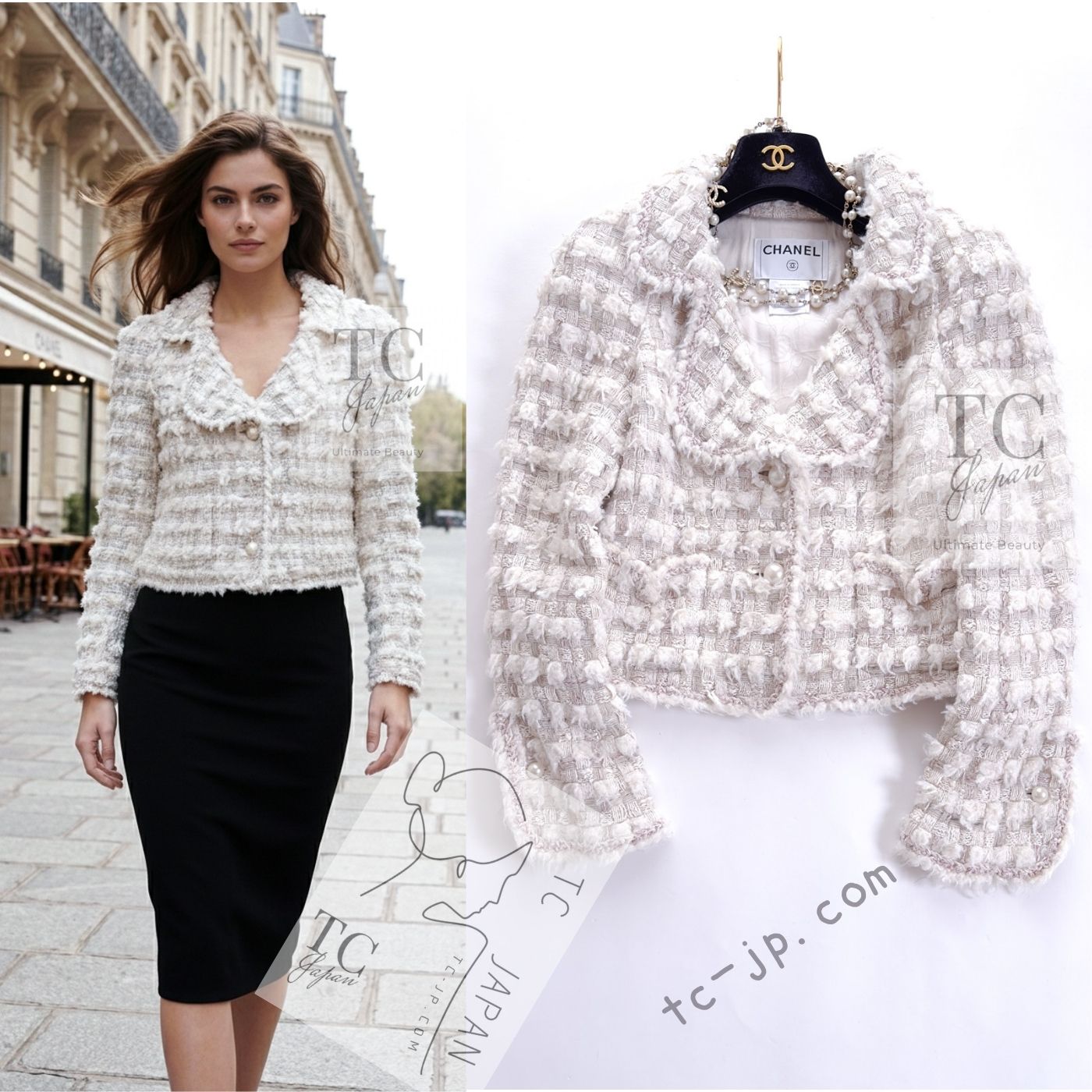 CHANEL 05A Ivory Gray Wool Tweed Jacket 40 シャネル アイボリー グレー ウール ツイード ジャケット モナコ王妃 即発