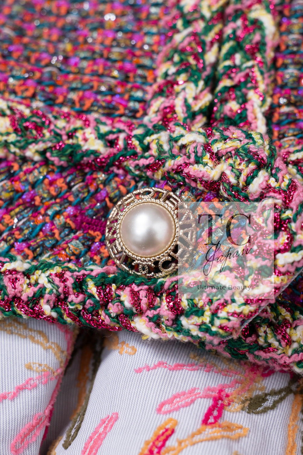 CHANEL 19PS Pink Metallic Tweed Jacket & Pants Set Up Pearl Logo Buttons 34 36 シャネル ピンク メタリック ツイード ジャケット パンツ セットアップ パール ロゴボタン 即発