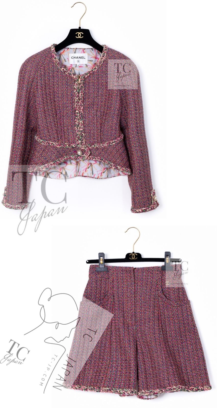 CHANEL 19PS Pink Metallic Tweed Jacket & Pants Set Up Pearl Logo Buttons 34 36 シャネル ピンク メタリック ツイード ジャケット パンツ セットアップ パール ロゴボタン 即発