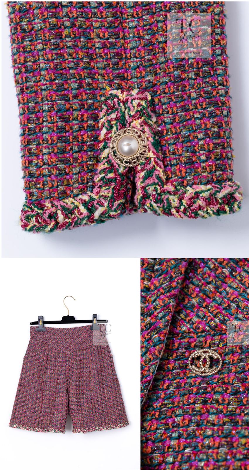 CHANEL 19PS Pink Metallic Tweed Jacket & Pants Set Up Pearl Logo Buttons 34 36 シャネル ピンク メタリック ツイード ジャケット パンツ セットアップ パール ロゴボタン 即発