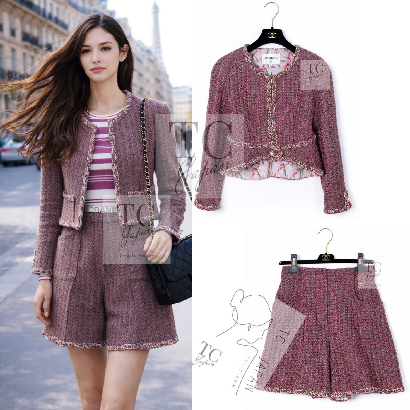 CHANEL 19PS Pink Metallic Tweed Jacket & Pants Set Up Pearl Logo Buttons 34 36 シャネル ピンク メタリック ツイード ジャケット パンツ セットアップ パール ロゴボタン 即発