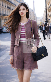 CHANEL 19PS Pink Metallic Tweed Jacket & Pants Set Up Pearl Logo Buttons 34 36 シャネル ピンク メタリック ツイード ジャケット パンツ セットアップ パール ロゴボタン 即発