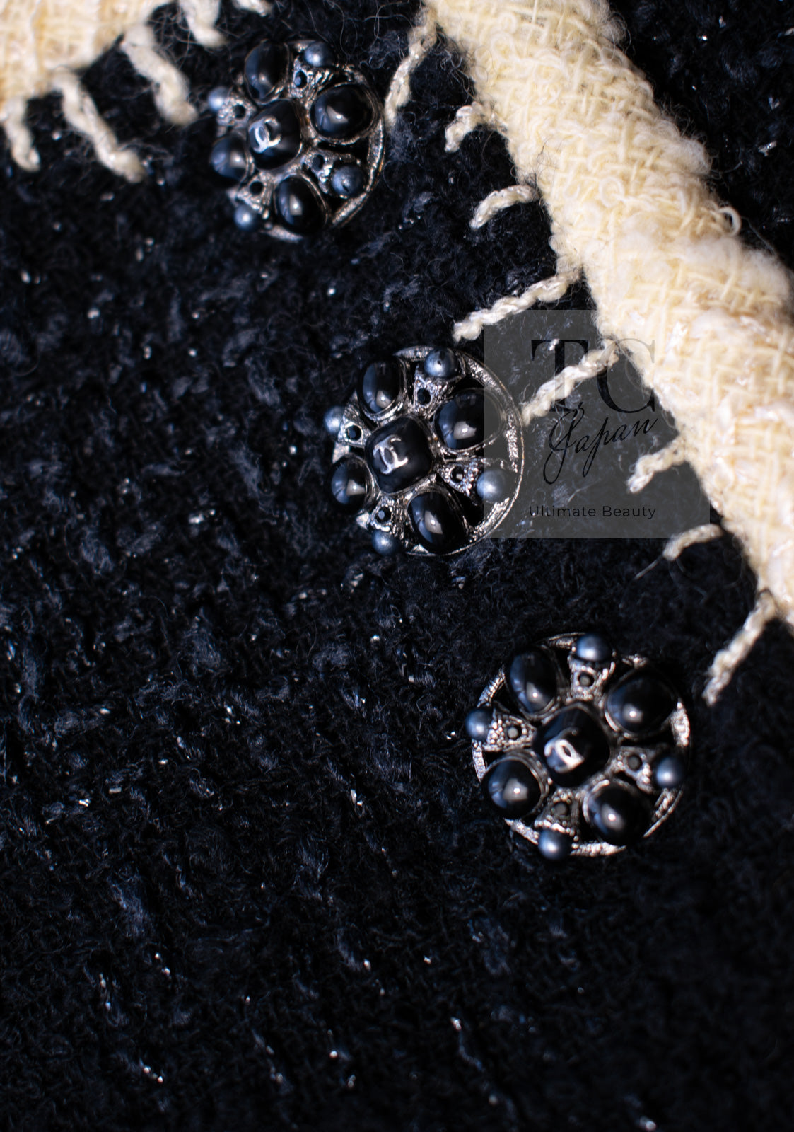 CHANEL 06PF Black Ivory Trim Boucle Wool Tweed Jacket Skirt Suit 38 シャネル ブラック アイボリー トリミング ブークレ ウール ツイード ジャケット スカート スーツ 即発