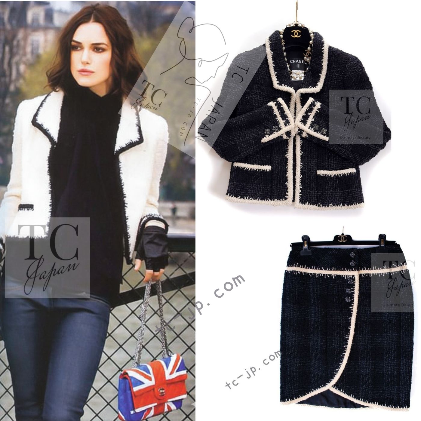 CHANEL 06PF Black Ivory Trim Boucle Wool Tweed Jacket Skirt Suit 38 シャネル ブラック アイボリー トリミング ブークレ ウール ツイード ジャケット スカート スーツ 即発