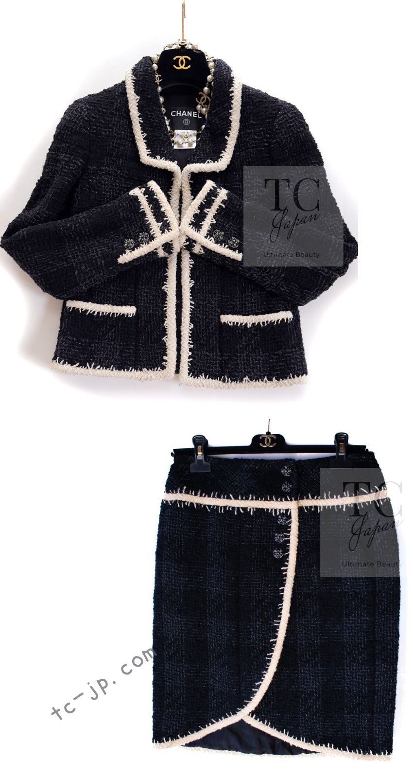 CHANEL 06PF Black Ivory Trim Boucle Wool Tweed Jacket Skirt Suit 38 シャネル ブラック アイボリー トリミング ブークレ ウール ツイード ジャケット スカート スーツ 即発