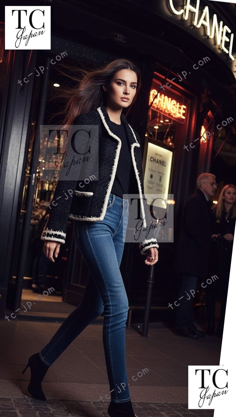 CHANEL 06PF Black Ivory Trim Boucle Wool Tweed Jacket 38 シャネル ブラック アイボリー トリミング ブークレ ウール ツイード ジャケット 即発