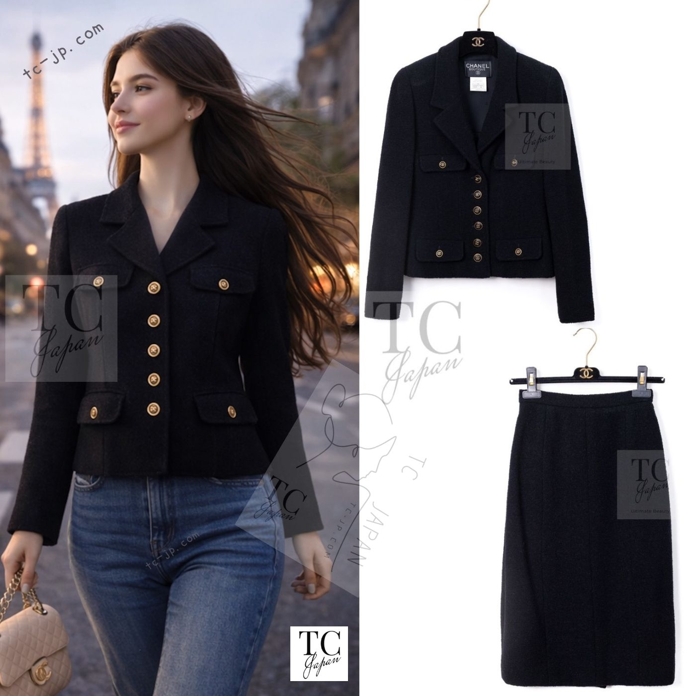 CHANEL 95A Vintage Black CC Buttons Wool Tweed Jacket Skirt Suit 38 シャネル ヴィンテージ ブラック ココボタン ウール ツイード ジャケット スカート スーツ 即発