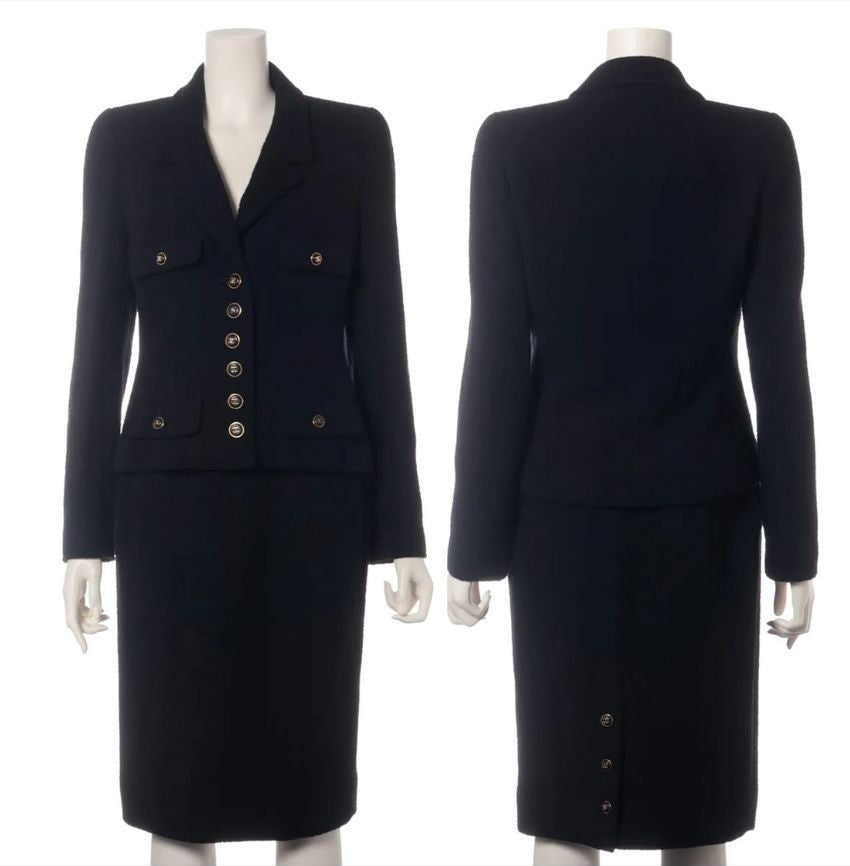 CHANEL 95A Vintage Black CC Buttons Wool Tweed Jacket Skirt Suit 38 シャネル ヴィンテージ ブラック ココボタン ウール ツイード ジャケット スカート スーツ 即発