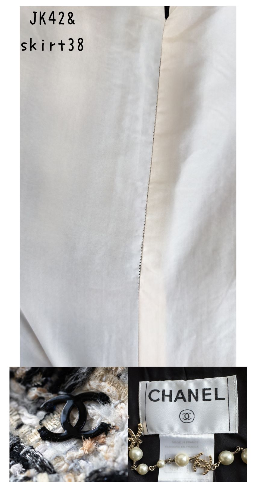 CHANEL 04PF Ivory Beige Bow Ribbon Jacket Skirt Suit 38 42 シャネル アイボリー ベージュ リボン ツイード ジャケット スカート スーツ 即発