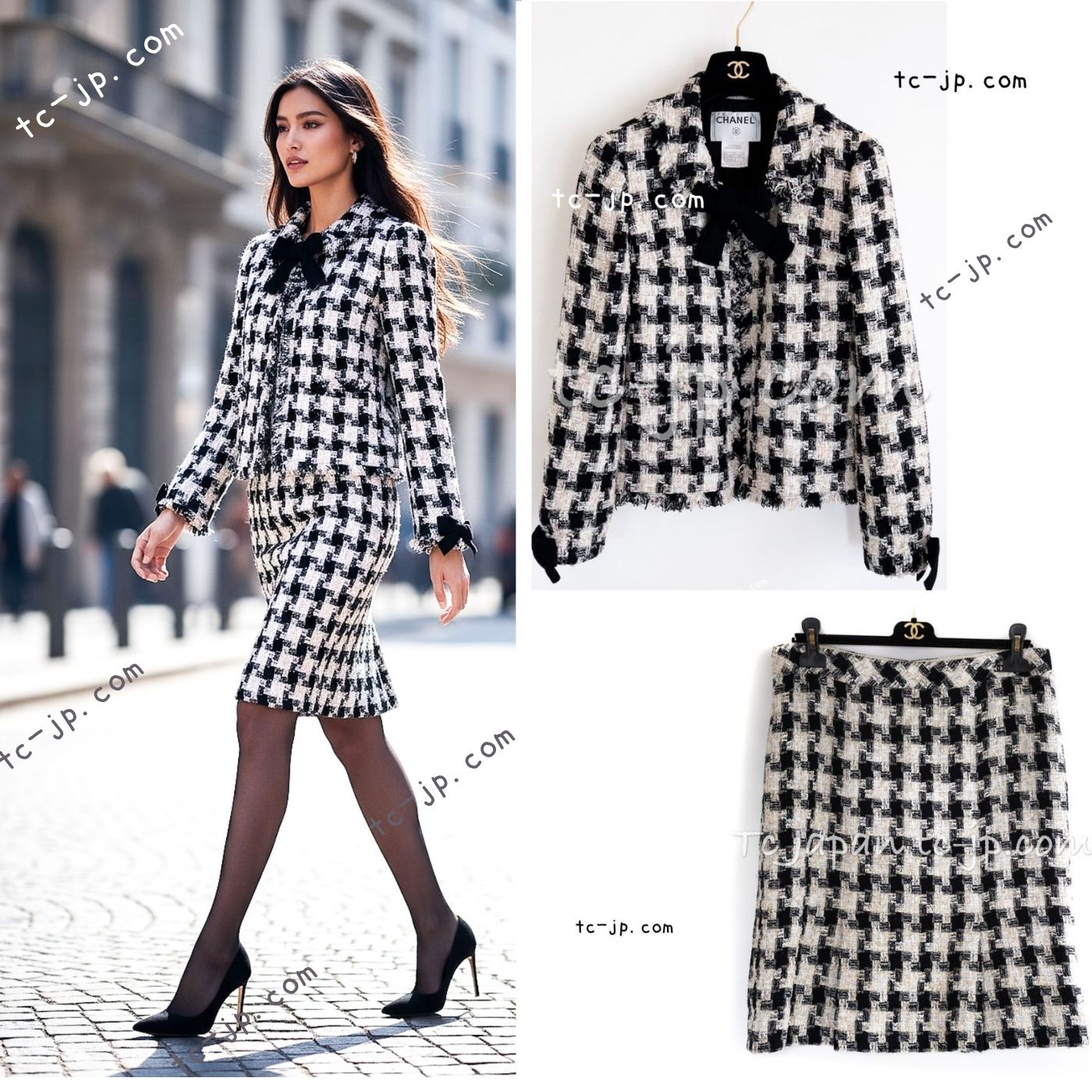 CHANEL 04PF Ivory Beige Bow Ribbon Jacket Skirt Suit 38 42 シャネル アイボリー ベージュ リボン ツイード ジャケット スカート スーツ 即発