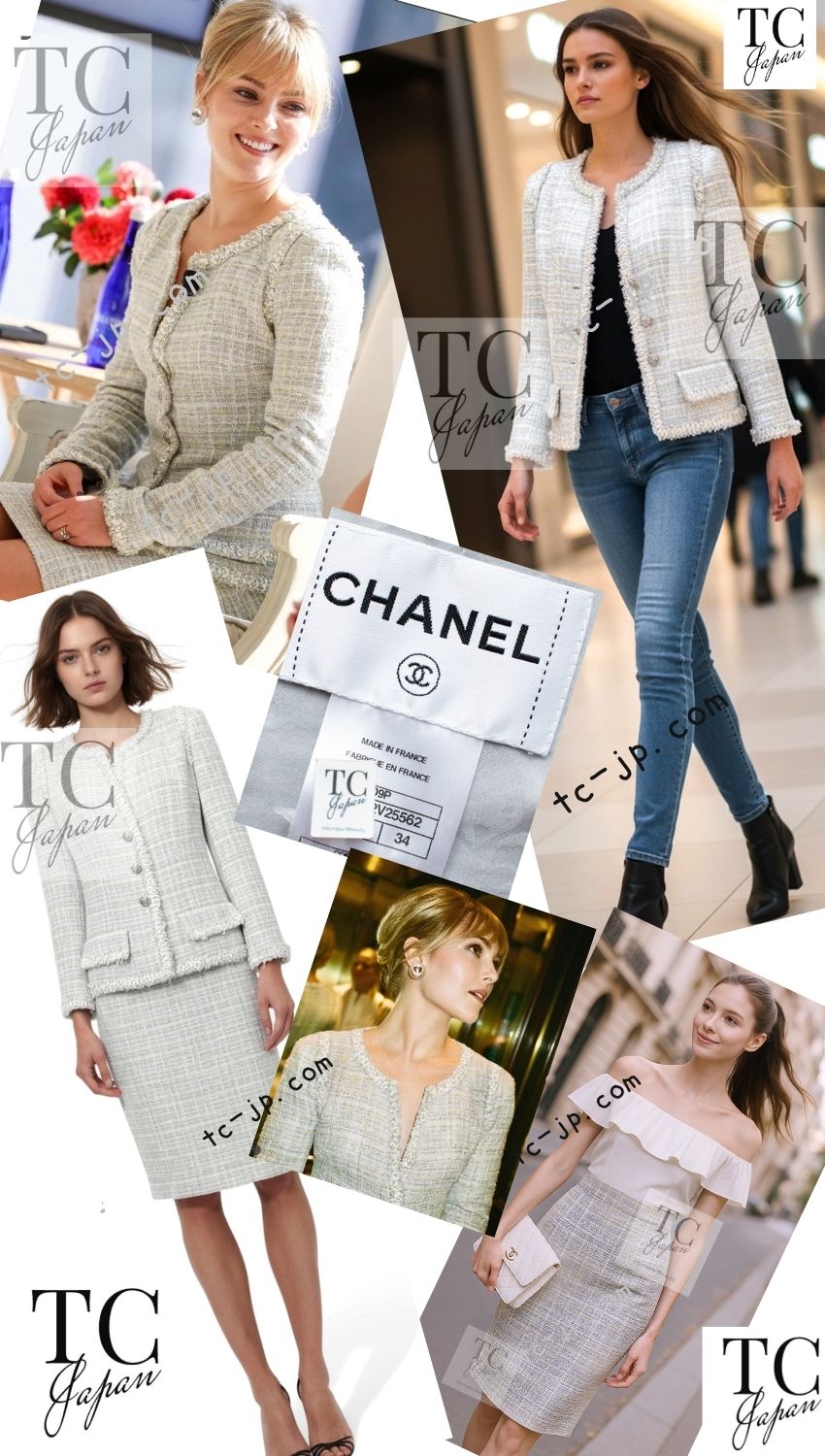 CHANEL 09S Light Gray Mint Cotton Wool Tweed Jacket Skirt Suit 34 シャネル ライト グレー ミント コットン ウール ツイード ジャケット スカート スーツ 即発