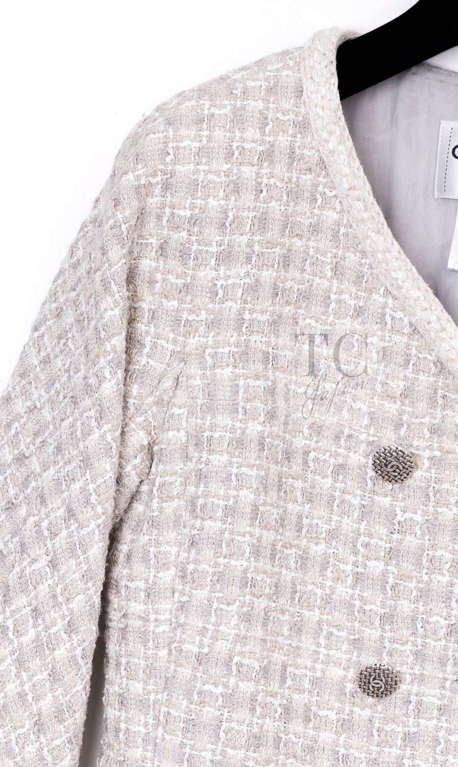 シャネル ジャケット スーツ CHANEL 14S グレー クリーム ダブル ツイード スカート 34 36