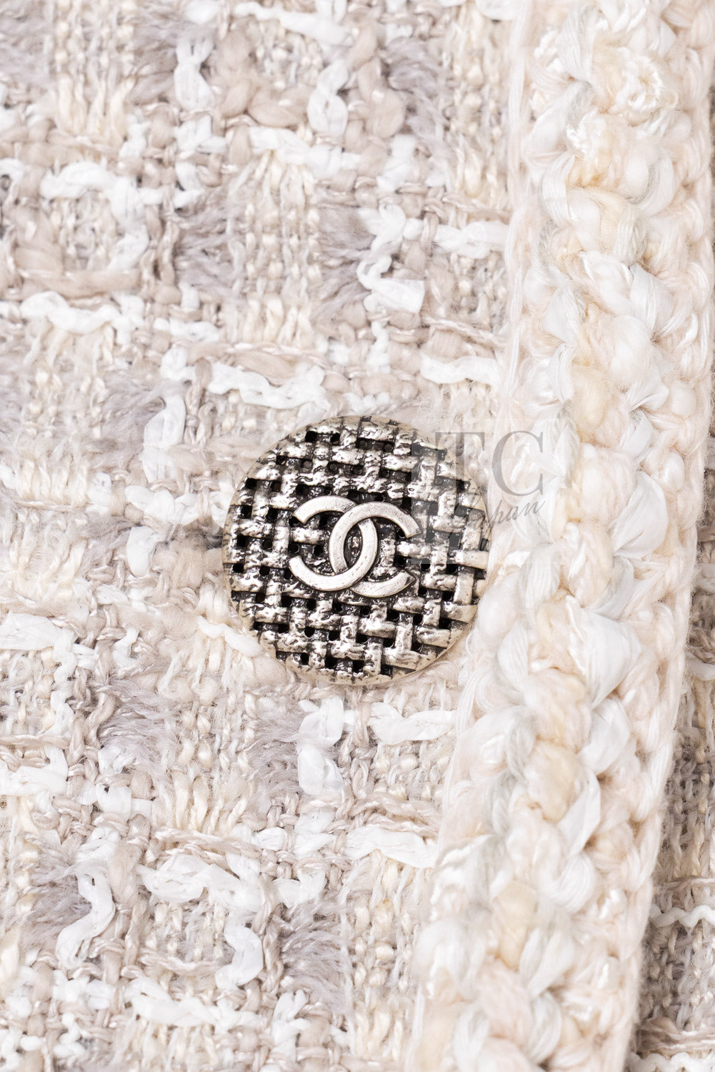 シャネル ジャケット スーツ CHANEL 14S グレー クリーム ダブル ツイード スカート 34 36